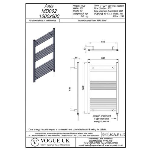 Vogue Axis 1000 x 600mm Straight Ladder Towel Rail Heating Only Chrome 1232BTU MD062 MS10060CP